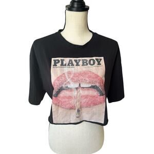 PLAYBOY X Missguided Black Crop Short Sleeve Top Oversized Women's Size 8 M/L